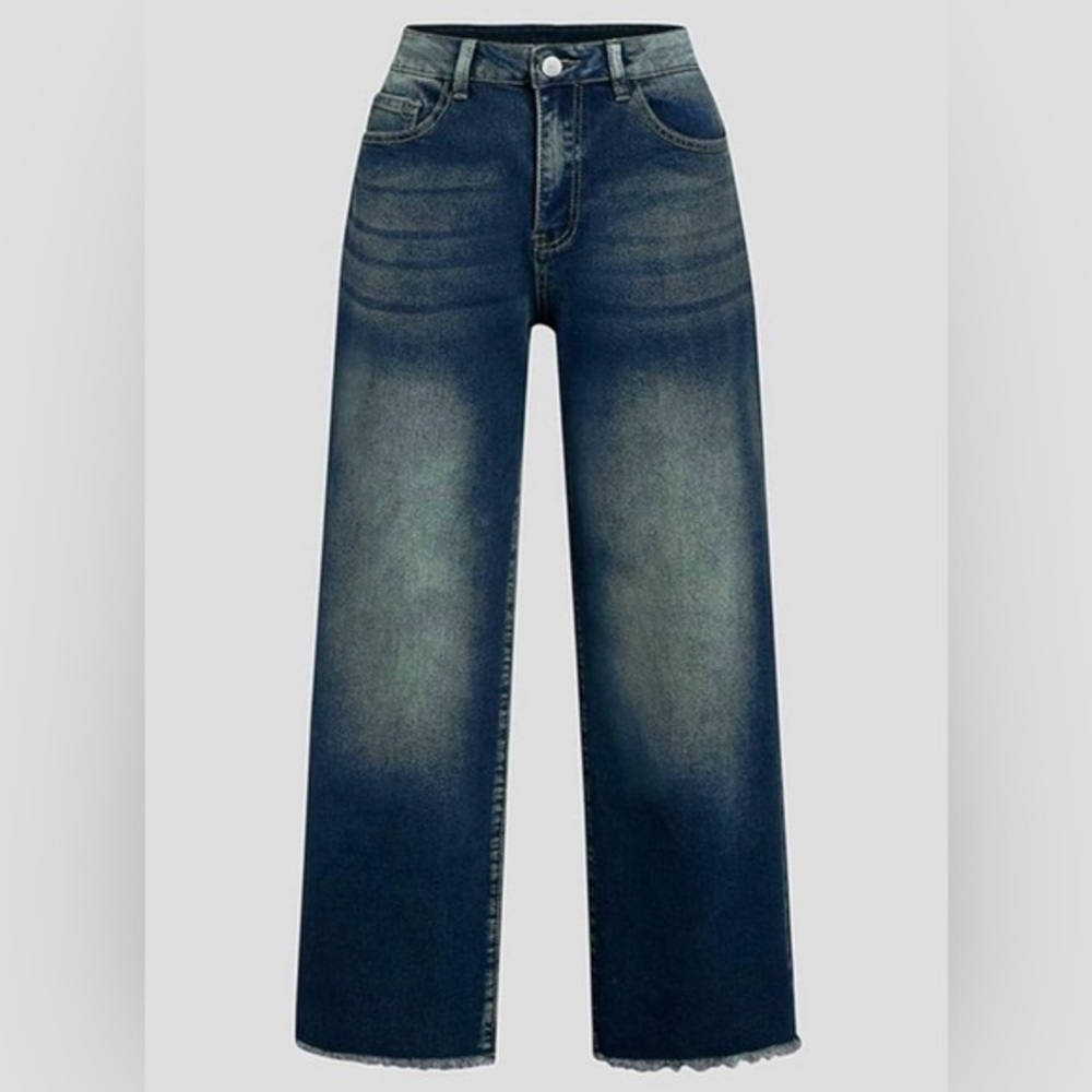 Flamingals Straight Wide Leg Jeans Women Mid Waisted Casual Raw Hem Denim 2XL